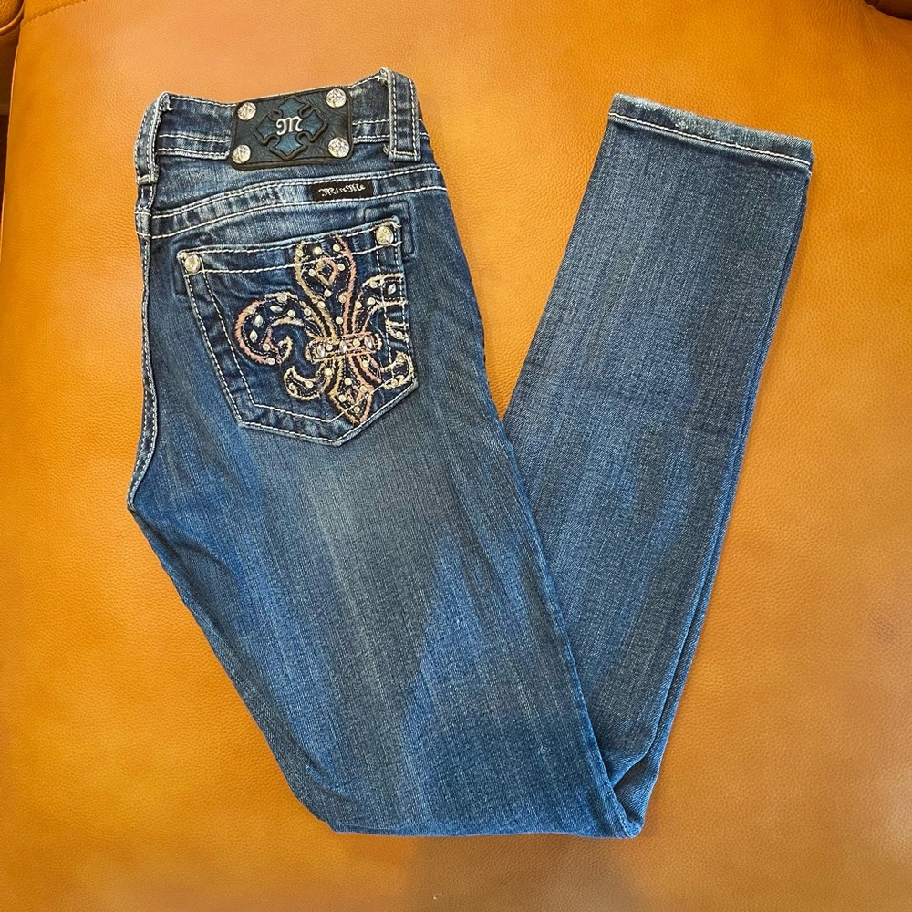 Fleur De Lis Rhinestone Medium Dark Wash Skinny Jeans Miss Me